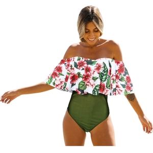 Telaura One Piece Flounce Swimsuit Women Ruffle Floral Print Monokini